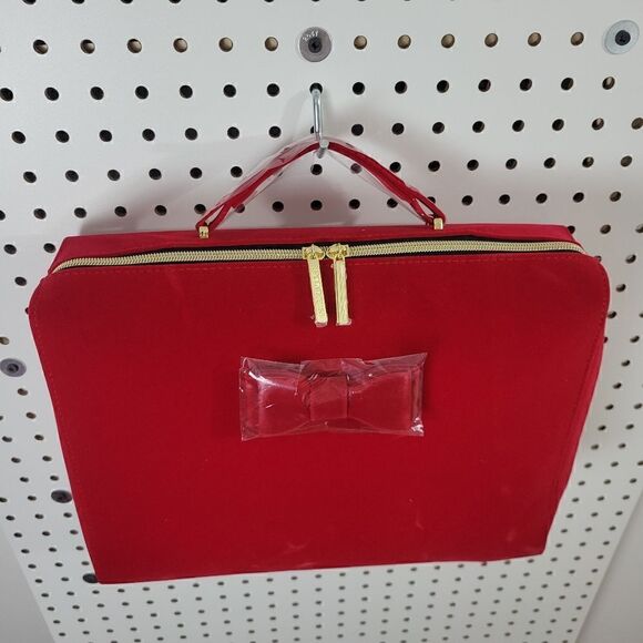 Estée Lauder Cherry Red Velvetty Flocked Makeup Case / Cute Bow Handbag / Laptop - Picture 5 of 16